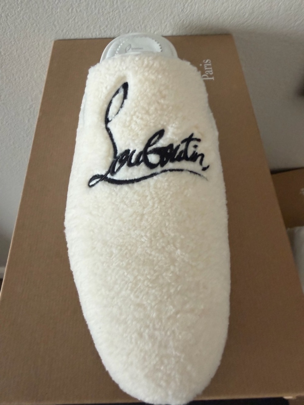 Christian Louboutin Cream Shearling Slip-On Mule with Script